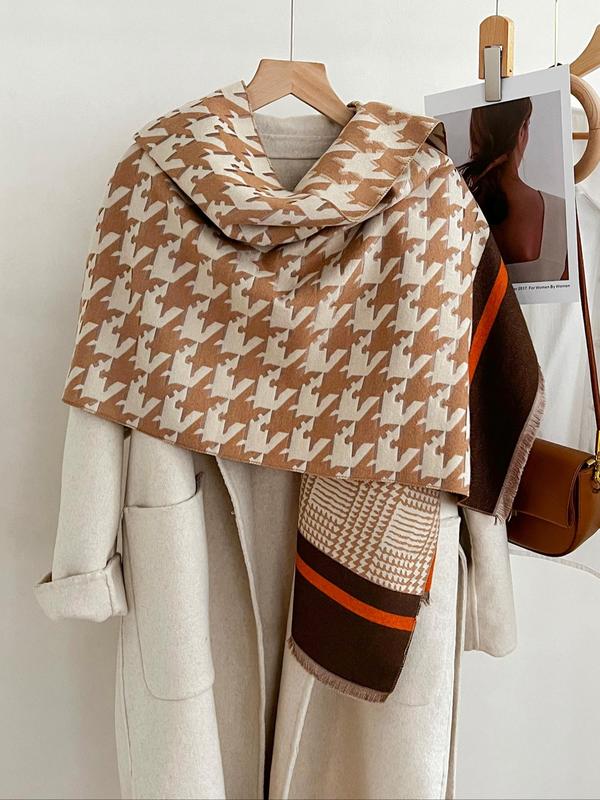 All Over Houndstooth Pattern Tassel Design Scarf, Casual Soft Warm Shawl for Fall & Winter, Fashion Accessories for Both Men & Women