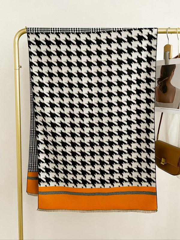 All Over Houndstooth Pattern Tassel Design Scarf, Casual Soft Warm Shawl for Fall & Winter, Fashion Accessories for Both Men & Women