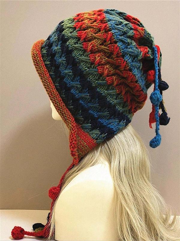 Women's Colorblock Braided Design Pom Pom Decor Beanie Hat, Casual Trendy Warm Earflap Hat, Fashionable Knit Hat for Fall & Winter