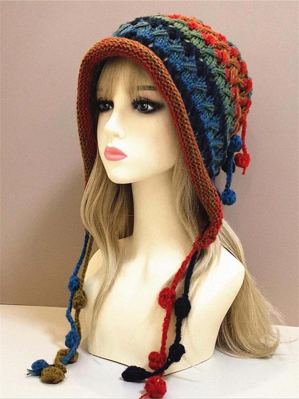 Women's Colorblock Braided Design Pom Pom Decor Beanie Hat, Casual Trendy Warm Earflap Hat, Fashionable Knit Hat for Fall & Winter