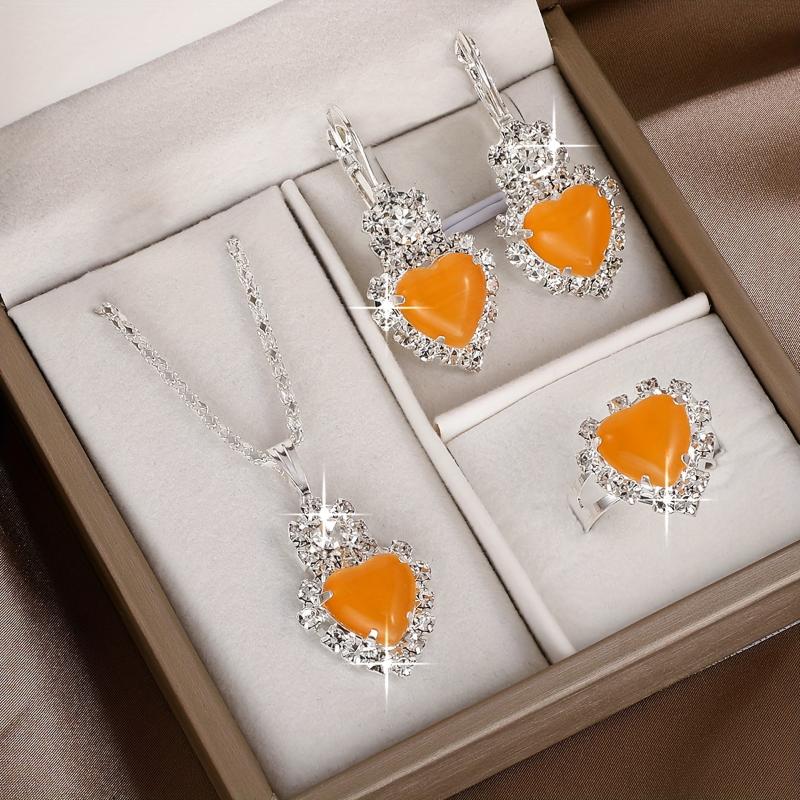 3 Colors Elegant Heart-Shaped Jewelry Set, 4pcs Alloy With Faux Diamond Accents, Pendant Necklace, Earrings, Ring, Vacation & Year-Round Elegant Gift Set