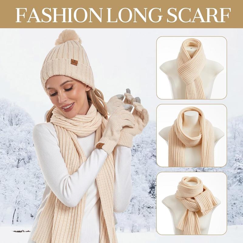 Womens Long Scarf Gloves and Hat Set Cold Weather Hat Scarf Glove Set for Women Winter Beanie Hats with Pom Pom