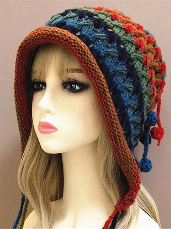 Women's Colorblock Braided Design Pom Pom Decor Beanie Hat, Casual Trendy Warm Earflap Hat, Fashionable Knit Hat for Fall & Winter