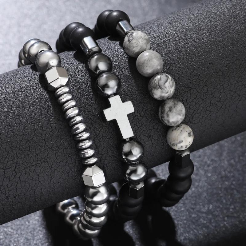 3 Pcs Black Hematite Beads Bracelets for Men Matte Glass Beaded Cross Pendant Bracelet Set with Map Stone Beads