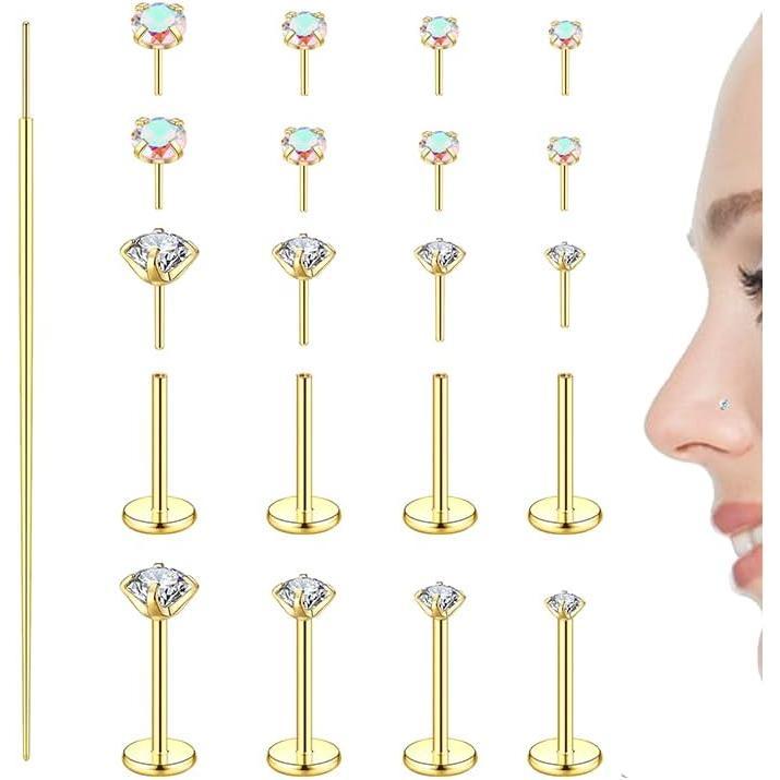 Threadless CZ Nose Studs for Men & Women – Hypoallergenic 316L Surgical Steel Flat Back Rings for Nostril, Tragus, Helix, Labret Piercings, 20G 18G