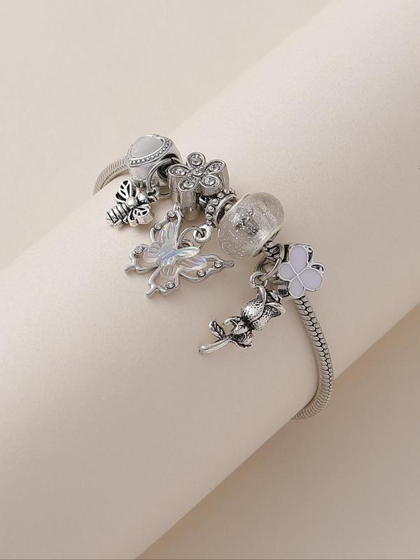 Fashion Butterfly & Bee & Rose Charm Link Bracelet, 2024 New Style Adjustable Jewelry for Women & Girls for Party, Daily Clothing Decor, Trendy Matching Bracelet for Birthday Gift