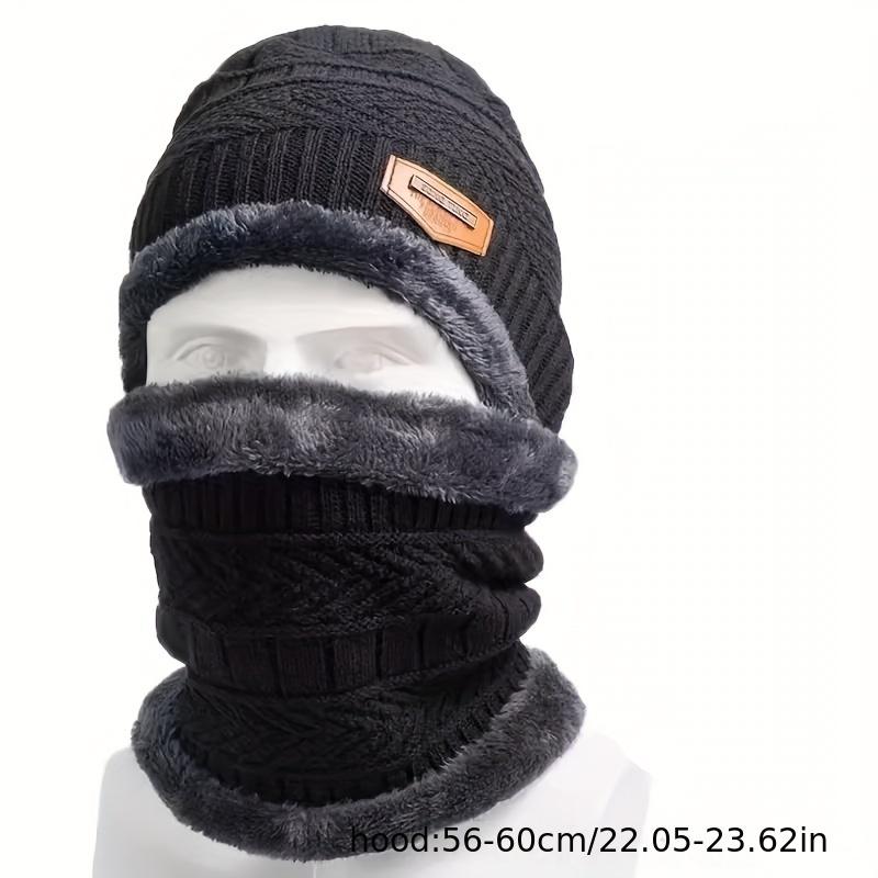 Winter Fleece Lined Knitted Beanie And Scarf Set - Unisex Polyester Skull Hat With Face Cover For Outdoor Skiing, Casual Style Full Face Warm Hat With Knitted Weave - Multipurpose Warm Hat And Neck Scarf Set