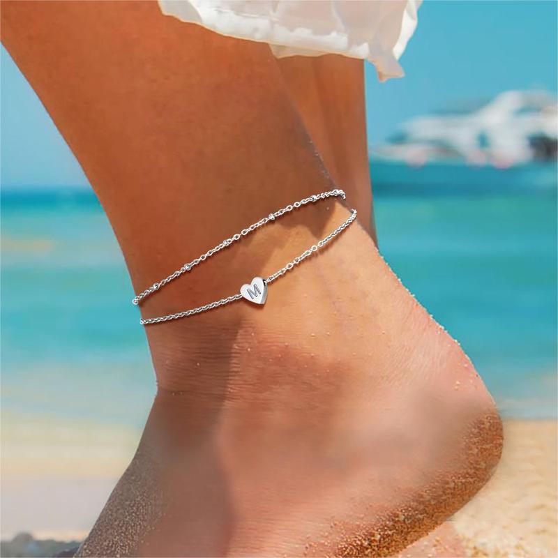 Richsteel Initial A to Z Letter Alphabet Heart Shape Pendant Daily Minimalist Simple Casual High Polished Summer Beach Foot Jewelry Stainless Steel Anklets for Women