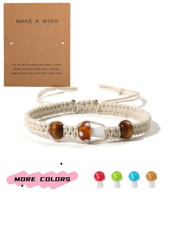 Unisex Boho Style Mushroom Charm Bracelet, Fashionable Creative Drawstring Bracelet for Women & Men, All-match Vintage Jewelry As Gift with Wish Card