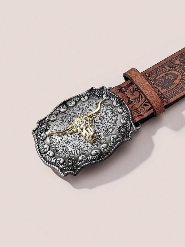 Vintage Bull Carved Buckle Western Belt for Men & Women, 2024 New Fashion Decorative Random Pattern Buckle Pu Leather Belt for Daily Party Vacation, Trendy Cowboy Waistband for Jeans, Pants