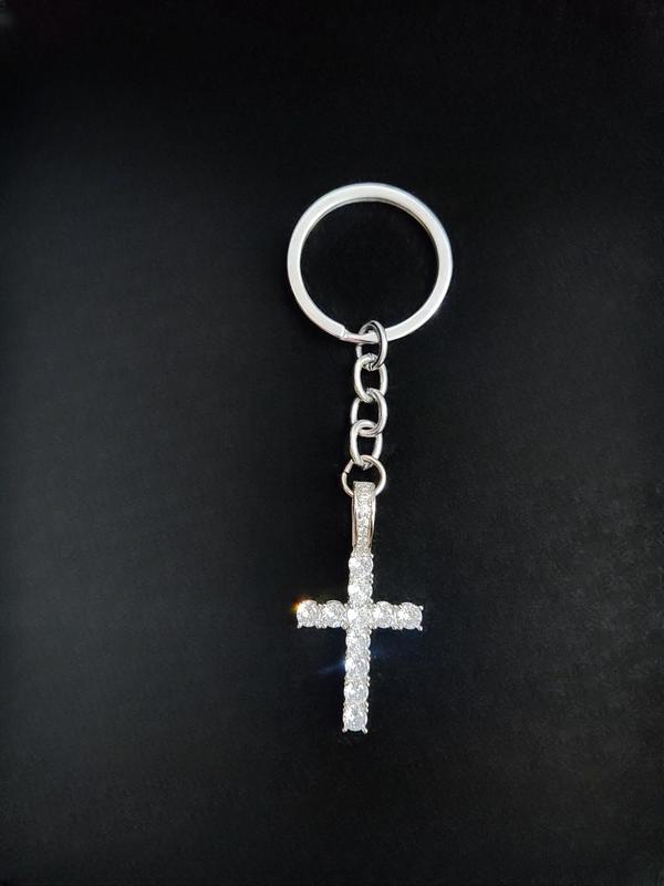 Rhinestone Decorated Cross Pendant Necklace Keychain Ring, 1 Count 1 Set  Street Style Jewelry Set for Party, Daily Decor, Trendy All-match & Exquisite Jewelry for Birthday Gift