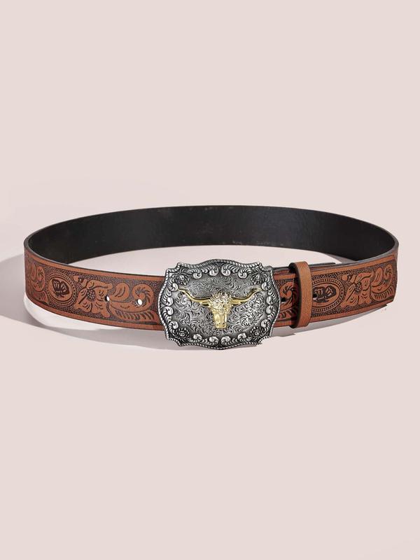 Vintage Bull Carved Buckle Western Belt for Men & Women, 2024 New Fashion Decorative Random Pattern Buckle Pu Leather Belt for Daily Party Vacation, Trendy Cowboy Waistband for Jeans, Pants