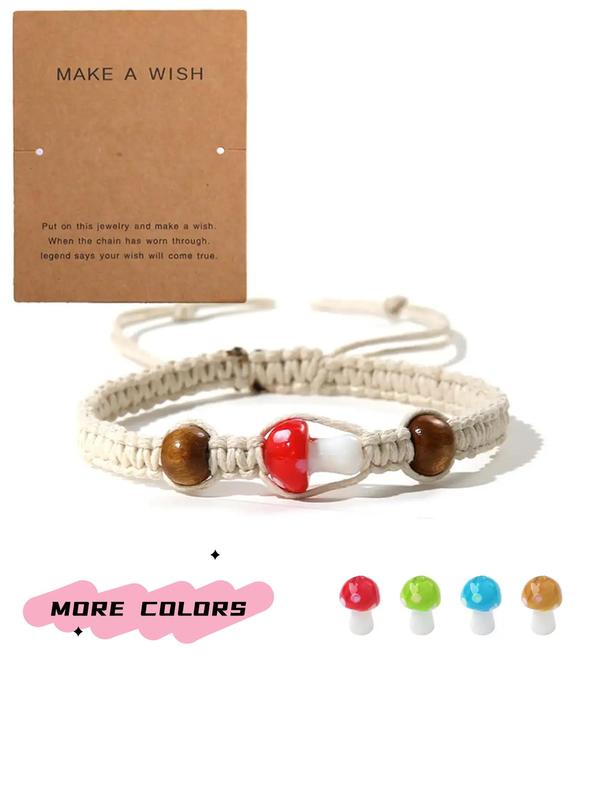 Unisex Boho Style Mushroom Charm Bracelet, Fashionable Creative Drawstring Bracelet for Women & Men, All-match Vintage Jewelry As Gift with Wish Card