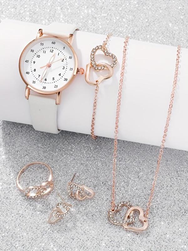 Women's Elegant Rhinestone Decor Quartz Watch & Jewelry Set, Including Round Dial Analog-Digital Watch & Heart Design Pendant Necklace & Ring & Stud Earrings & Bracelet, Fashion Watch Set  As Gift, without Box