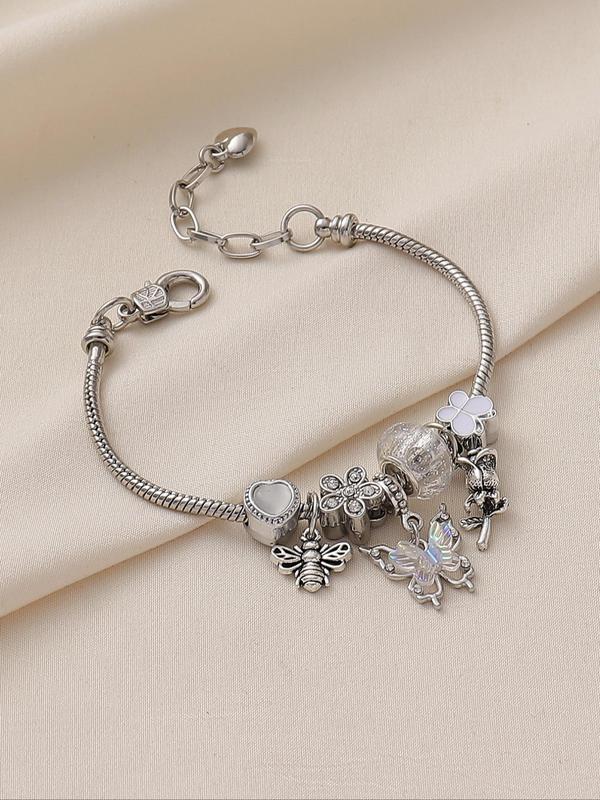 Fashion Butterfly & Bee & Rose Charm Link Bracelet, 2024 New Style Adjustable Jewelry for Women & Girls for Party, Daily Clothing Decor, Trendy Matching Bracelet for Birthday Gift