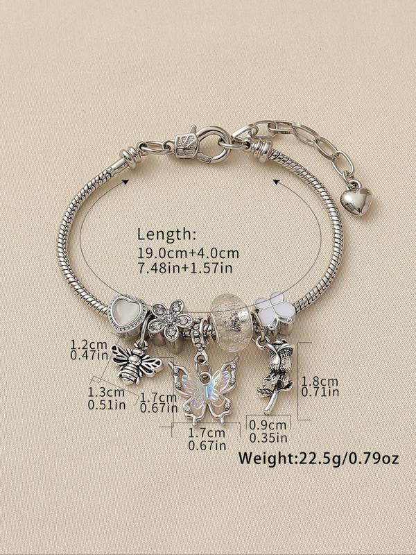 Fashion Butterfly & Bee & Rose Charm Link Bracelet, 2024 New Style Adjustable Jewelry for Women & Girls for Party, Daily Clothing Decor, Trendy Matching Bracelet for Birthday Gift