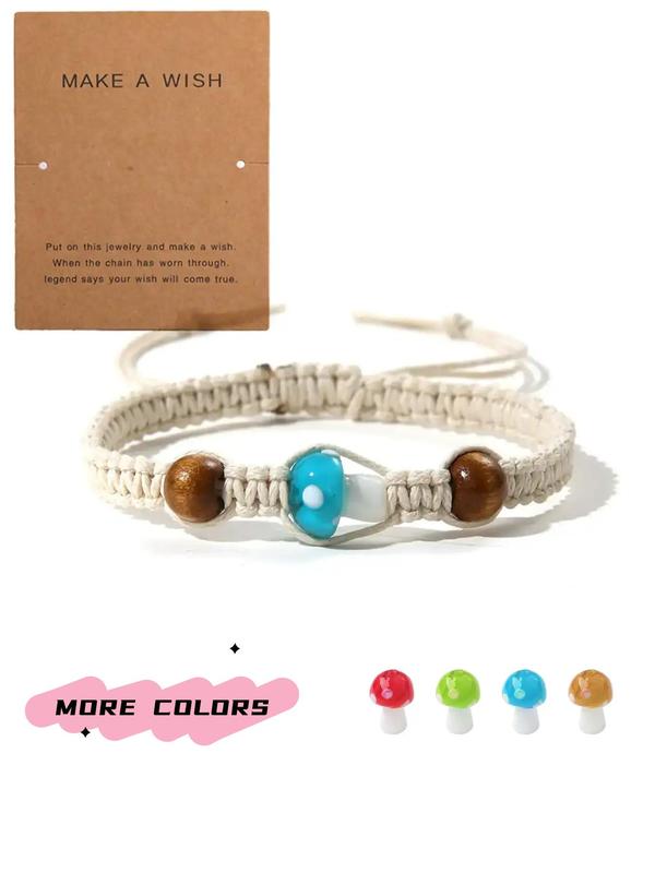 Unisex Boho Style Mushroom Charm Bracelet, Fashionable Creative Drawstring Bracelet for Women & Men, All-match Vintage Jewelry As Gift with Wish Card