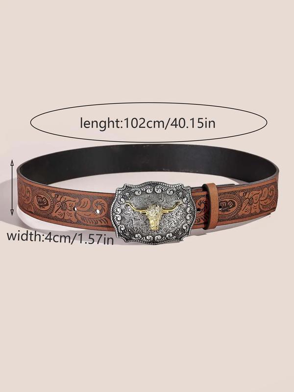 Vintage Bull Carved Buckle Western Belt for Men & Women, 2024 New Fashion Decorative Random Pattern Buckle Pu Leather Belt for Daily Party Vacation, Trendy Cowboy Waistband for Jeans, Pants