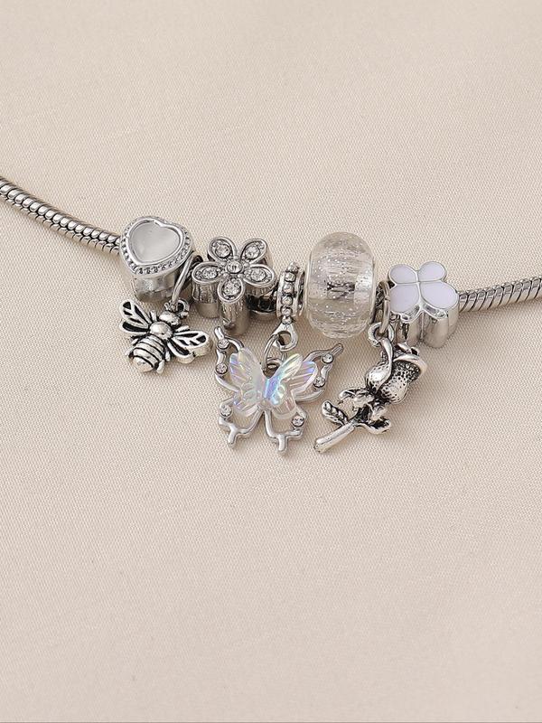 Fashion Butterfly & Bee & Rose Charm Link Bracelet, 2024 New Style Adjustable Jewelry for Women & Girls for Party, Daily Clothing Decor, Trendy Matching Bracelet for Birthday Gift