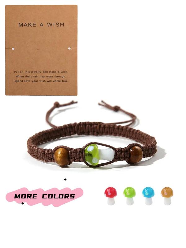 Unisex Boho Style Mushroom Charm Bracelet, Fashionable Creative Drawstring Bracelet for Women & Men, All-match Vintage Jewelry As Gift with Wish Card