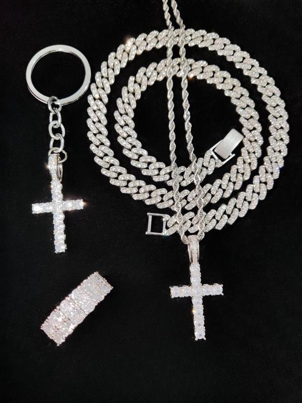 Rhinestone Decorated Cross Pendant Necklace Keychain Ring, 1 Count 1 Set  Street Style Jewelry Set for Party, Daily Decor, Trendy All-match & Exquisite Jewelry for Birthday Gift