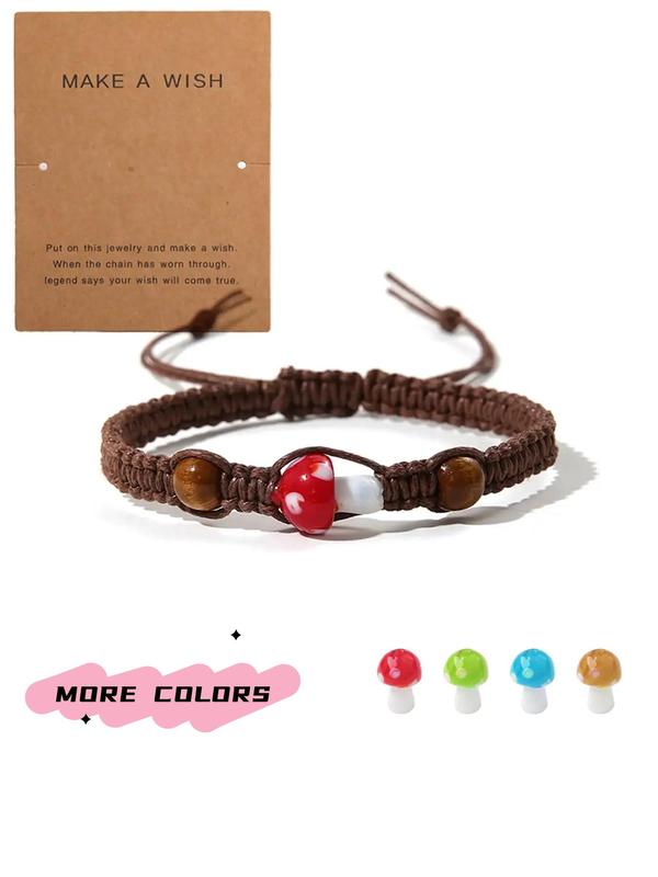 Unisex Boho Style Mushroom Charm Bracelet, Fashionable Creative Drawstring Bracelet for Women & Men, All-match Vintage Jewelry As Gift with Wish Card