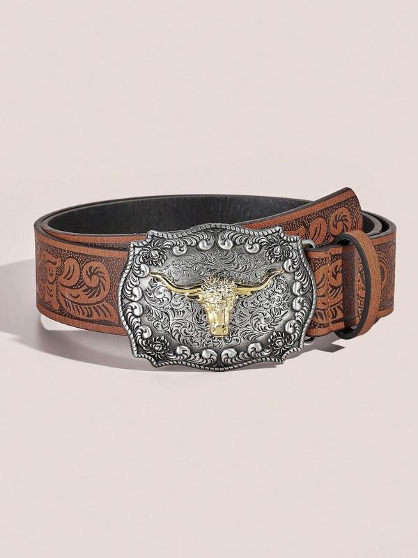 Vintage Bull Carved Buckle Western Belt for Men & Women, 2024 New Fashion Decorative Random Pattern Buckle Pu Leather Belt for Daily Party Vacation, Trendy Cowboy Waistband for Jeans, Pants