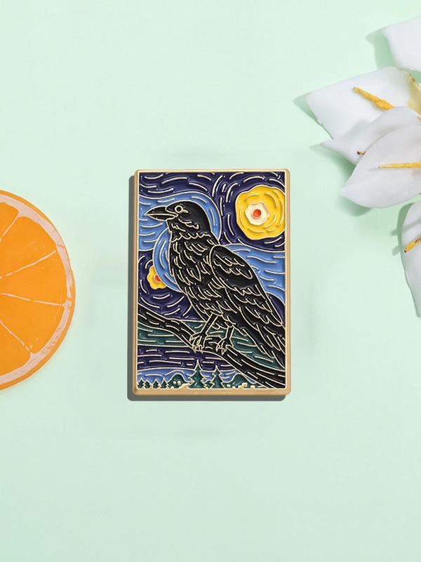 Oil Painting Series Brooch, Galaxy & Crow Pattern Brooch Pin, Fashion Alloy Badge for Daily Clothing Decor, Trendy All-match & Exquisite Brooch for Birthday Gift