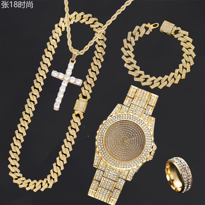 5pcs Hip Hop Men's Jewelry Set: Iced Out Rhinestone Quartz Watch, Cuban Chain Bracelet, Necklace, Ring & Cross Pendant - Fashionable Gift for Christmas