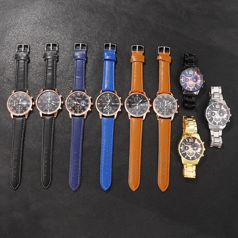 9pc Men's Fashion Leather & Stainless Steel Quartz Watch Set, Casual Style, Date & Multiple Time Zone, Dial Display, Zinc Alloy Case, Round Face, Electronic Movement, PU Leather & Stainless Steel Bands, Gift for Valentine's, Easter, Ramadan, Birthday, Chr