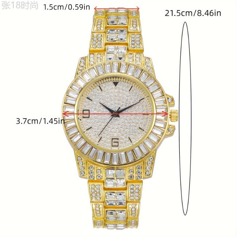 5pcs Hip Hop Men's Jewelry Set: Iced Out Rhinestone Quartz Watch, Cuban Chain Bracelet, Necklace, Ring & Cross Pendant - Fashionable Gift for Christmas