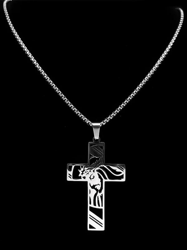 Stainless Steel Cross Pendant Necklace, 2024 New Style Fashion Christ God Cross Jesus Design Jewelry, Trendy All-match Jewelry for Birthday Gift