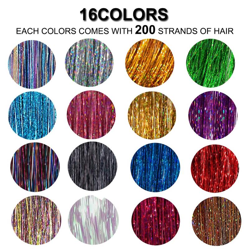 16 Colors Hair Tinsel Kit with Tools 3200 Strands Glitter Tinsel Hair Extensions Heat Resistant Sparkling Shiny Fairy Hair Accessories for Women Girl Kids 47Inch 100 inch  wig