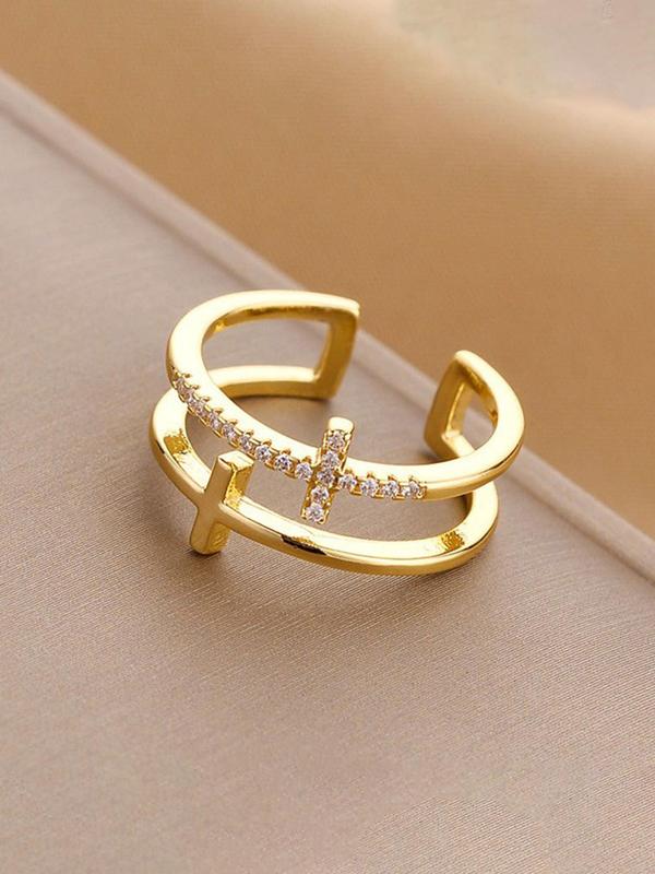 Fashion Cross Design Open Ring, Rhinestone Decor Fashion Jewelry for Party, Daily Clothing Decor, Trendy All-match & Exquisite Jewelry for Birthday Gift