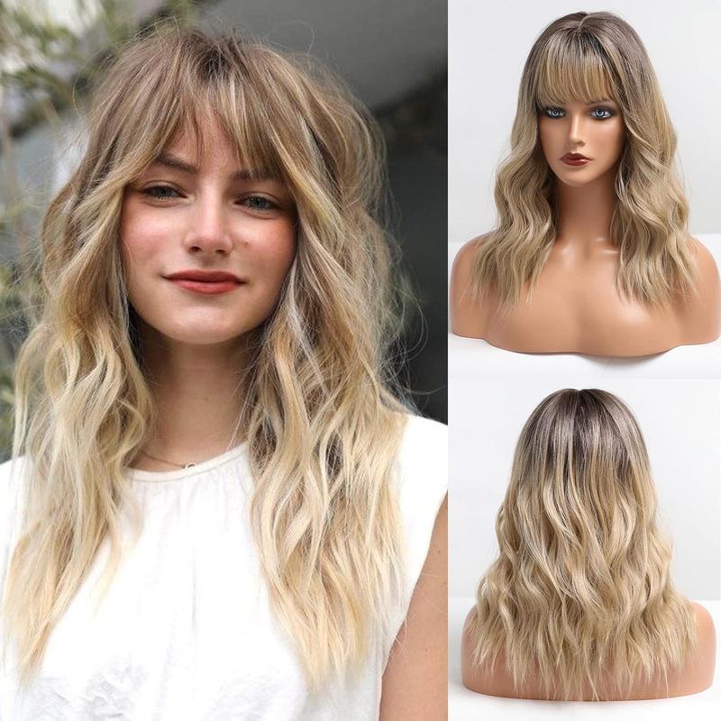 Honey Brown 22 Inches Wave Bob Wig Mixed Blonde Shoulder Length Curly Brown Synthetic Wig with Bangs Wigs for Women for Party Daily Use