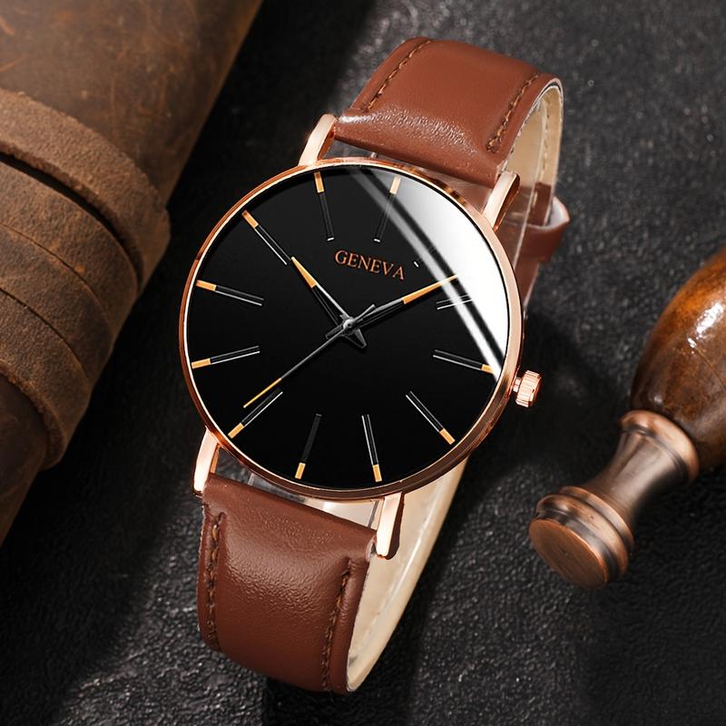 3 Pieces Men's Quartz Watch Suit with Glasses and Wallet-round Alloy Case, Imitation Leather Strap, Classic Simple Dial-Non-Waterproof, Battery Powered, Electronic Movement-Suitable for Daily Wear and Gift Giving