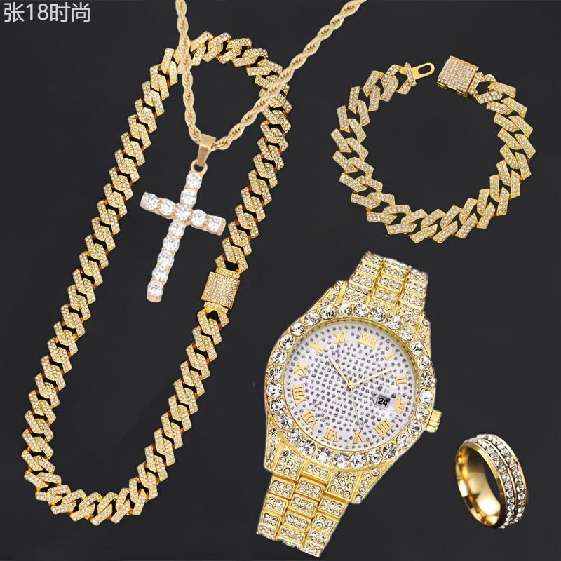 5pcs Hip Hop Men's Jewelry Set: Iced Out Rhinestone Quartz Watch, Cuban Chain Bracelet, Necklace, Ring & Cross Pendant - Fashionable Gift for Christmas