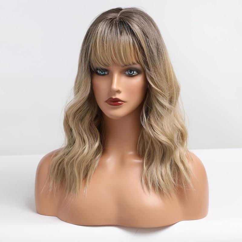 Honey Brown 22 Inches Wave Bob Wig Mixed Blonde Shoulder Length Curly Brown Synthetic Wig with Bangs Wigs for Women for Party Daily Use