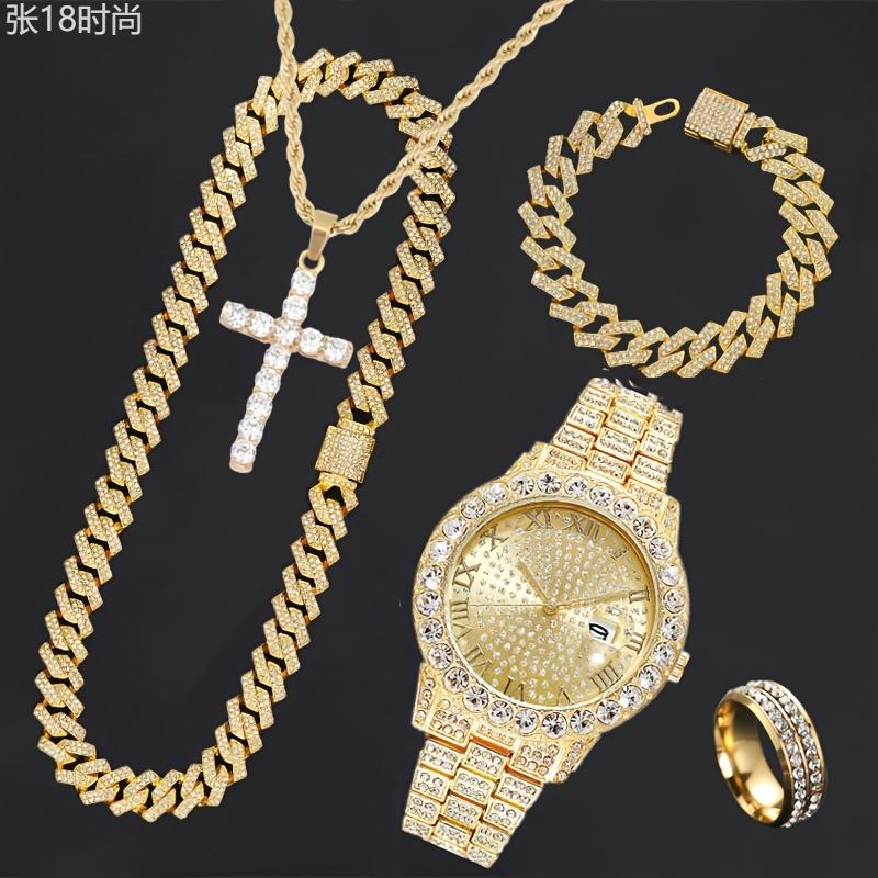 5pcs Hip Hop Men's Jewelry Set: Iced Out Rhinestone Quartz Watch, Cuban Chain Bracelet, Necklace, Ring & Cross Pendant - Fashionable Gift for Christmas