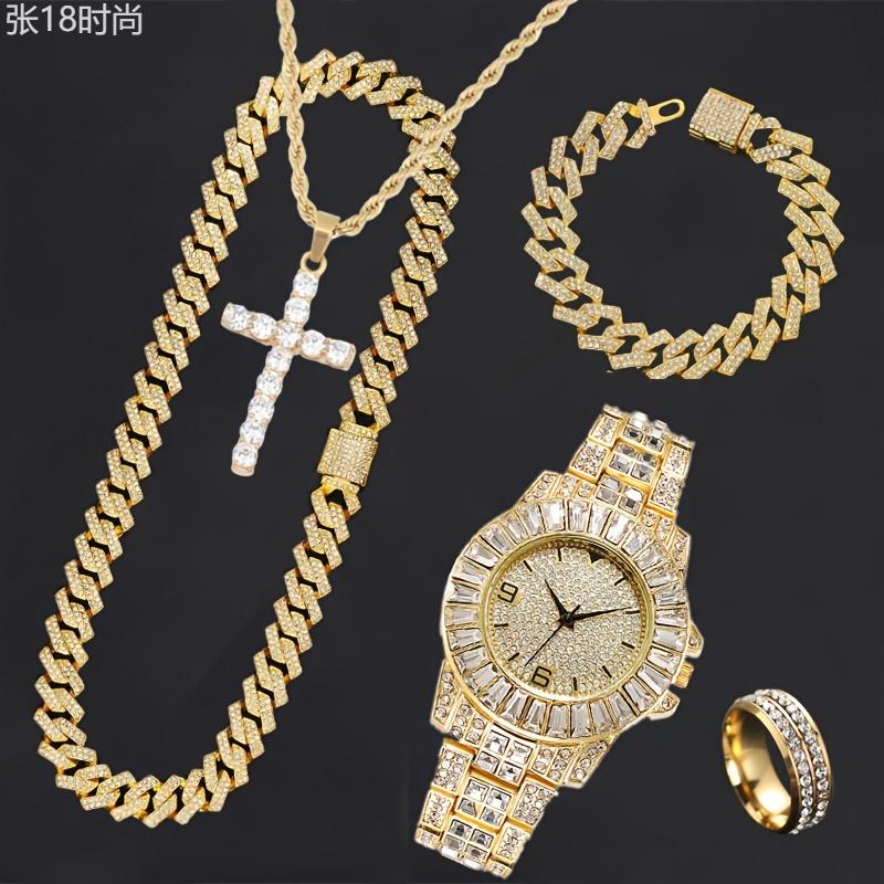 5pcs Hip Hop Men's Jewelry Set: Iced Out Rhinestone Quartz Watch, Cuban Chain Bracelet, Necklace, Ring & Cross Pendant - Fashionable Gift for Christmas