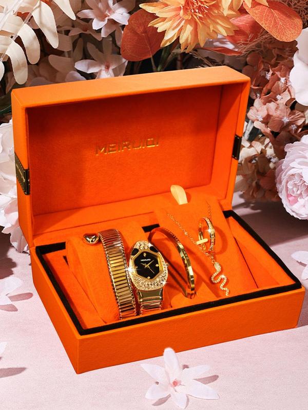 Women's Elegant Snake Design Quartz Watch & Jewelry Set, Including Wristwatch & Bangle Bracelet & Ring & Pendant Necklace, Fashion Watch Set for Gift with Box