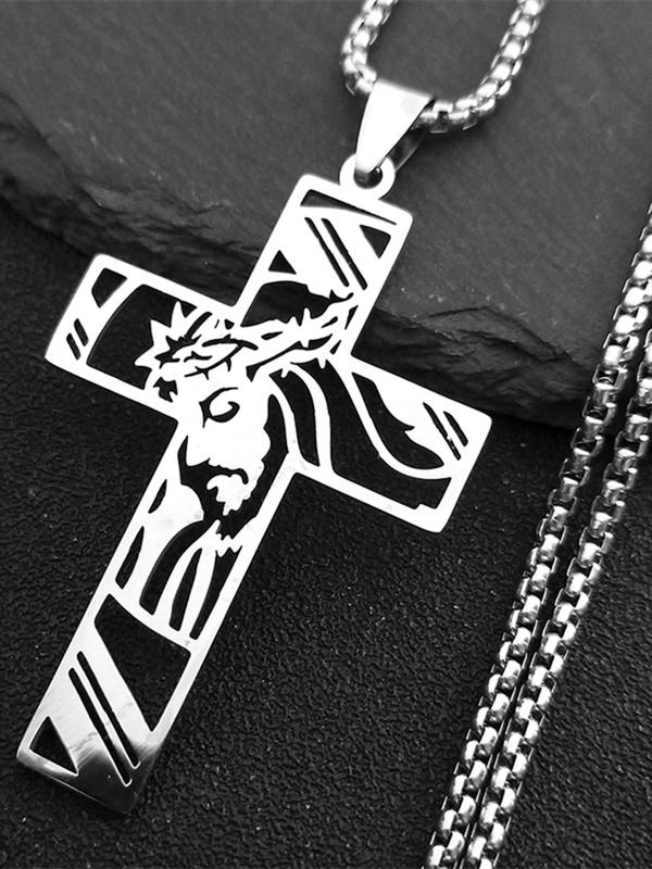 Stainless Steel Cross Pendant Necklace, 2024 New Style Fashion Christ God Cross Jesus Design Jewelry, Trendy All-match Jewelry for Birthday Gift