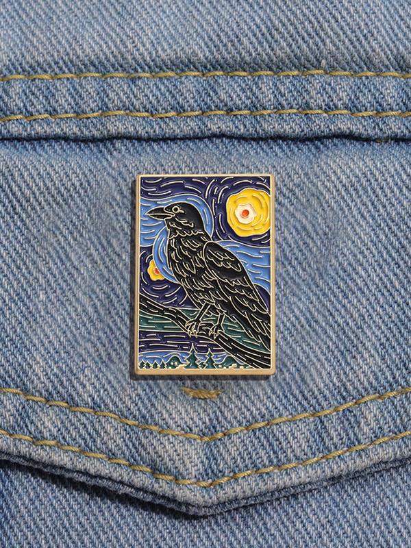 Oil Painting Series Brooch, Galaxy & Crow Pattern Brooch Pin, Fashion Alloy Badge for Daily Clothing Decor, Trendy All-match & Exquisite Brooch for Birthday Gift