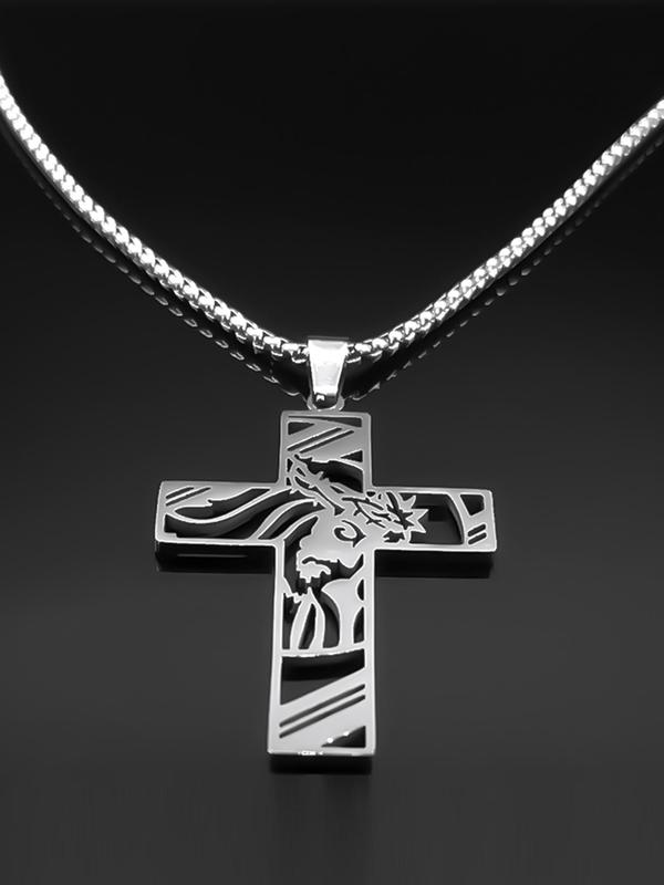 Stainless Steel Cross Pendant Necklace, 2024 New Style Fashion Christ God Cross Jesus Design Jewelry, Trendy All-match Jewelry for Birthday Gift