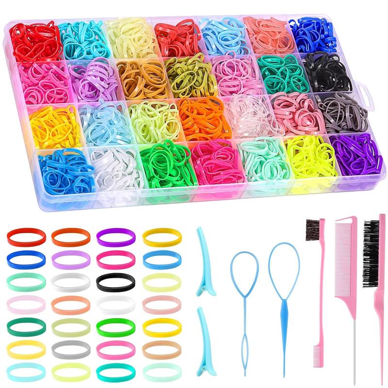 28 Colors Rubber Bands with 7 Hair Styling Tools, 2100 Count Colorful Elastic Ties Small Rubber Bands Ties for Girls Hair Accessories Christmas Gifts 9 x 5 x 1.5 inches