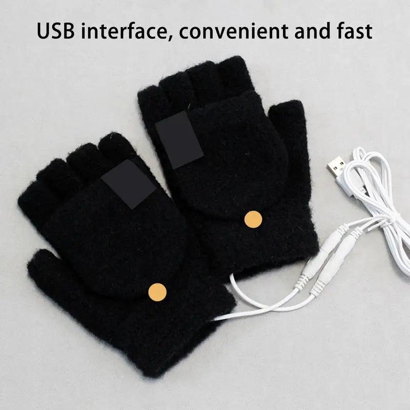 1 Pair Unisex USB Electric Heating Winter Outdoor Heated Gloves Half Finger Warmer Mitten