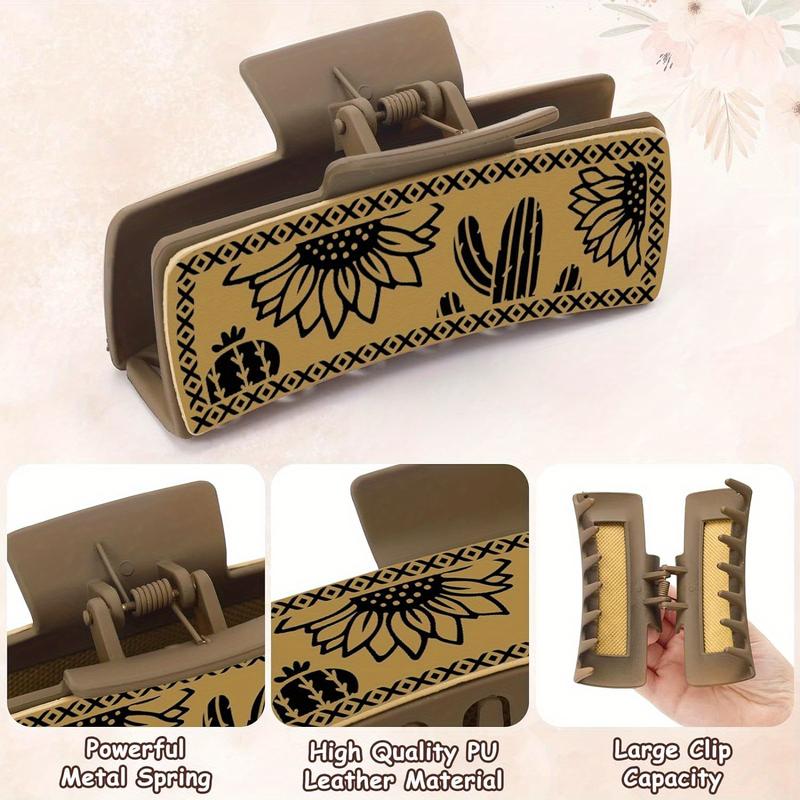 Southwest Cow Print Hair Clips: Floral Square Claw Clips for Hairstyling - Western Cowgirl Style - PU Leather - Animal Print - Large and Elegant - Gift for Women and Girls - Suitable for Ages 14 and Up