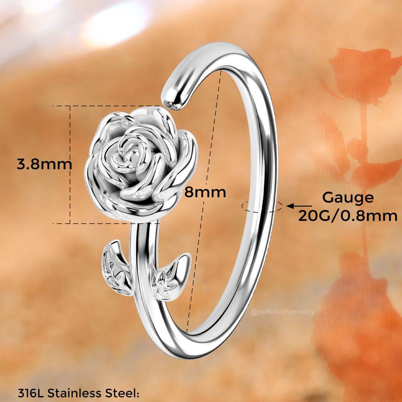 Oufer 20G Seamless Ring 3D Rose Nostril Nose Piercing Hoop 316L Stainless Steel Inner Diameter 8mm