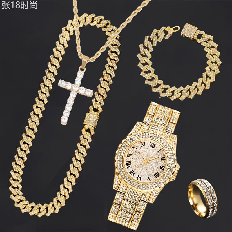 5pcs Hip Hop Men's Jewelry Set: Iced Out Rhinestone Quartz Watch, Cuban Chain Bracelet, Necklace, Ring & Cross Pendant - Fashionable Gift for Christmas