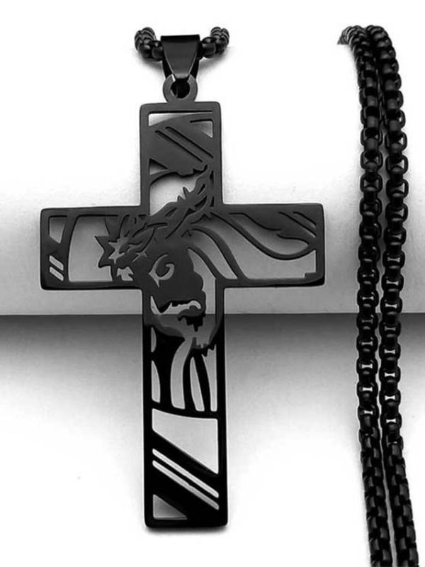 Stainless Steel Cross Pendant Necklace, 2024 New Style Fashion Christ God Cross Jesus Design Jewelry, Trendy All-match Jewelry for Birthday Gift